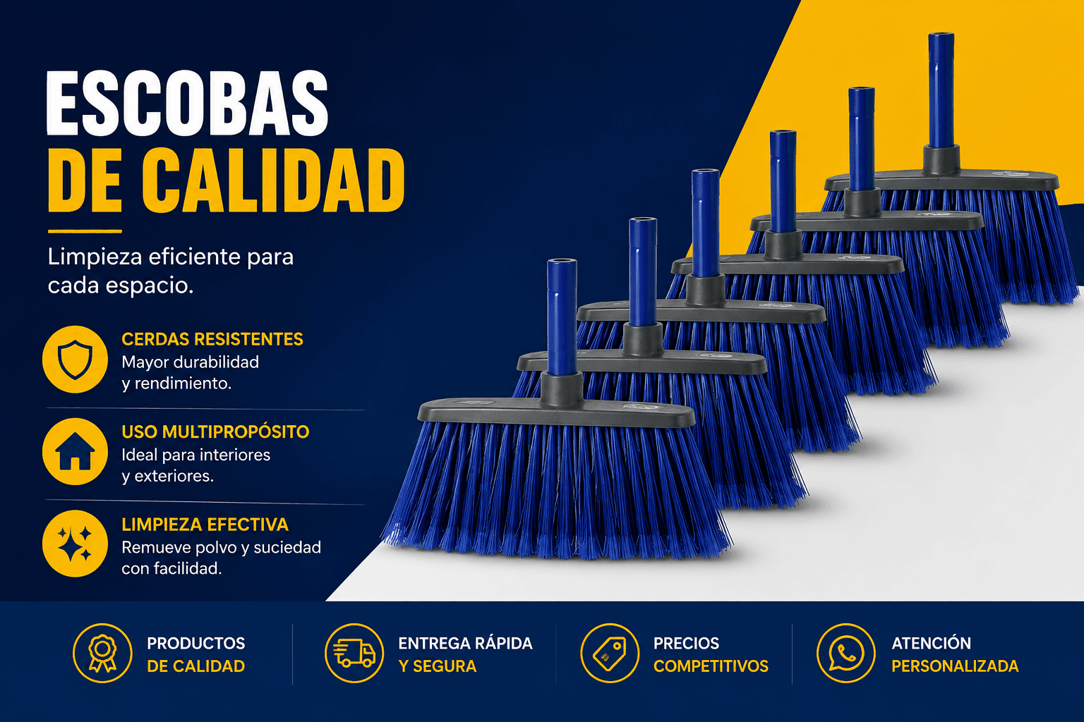 Escoba de plástico con palo de madera resistente, tamaño M