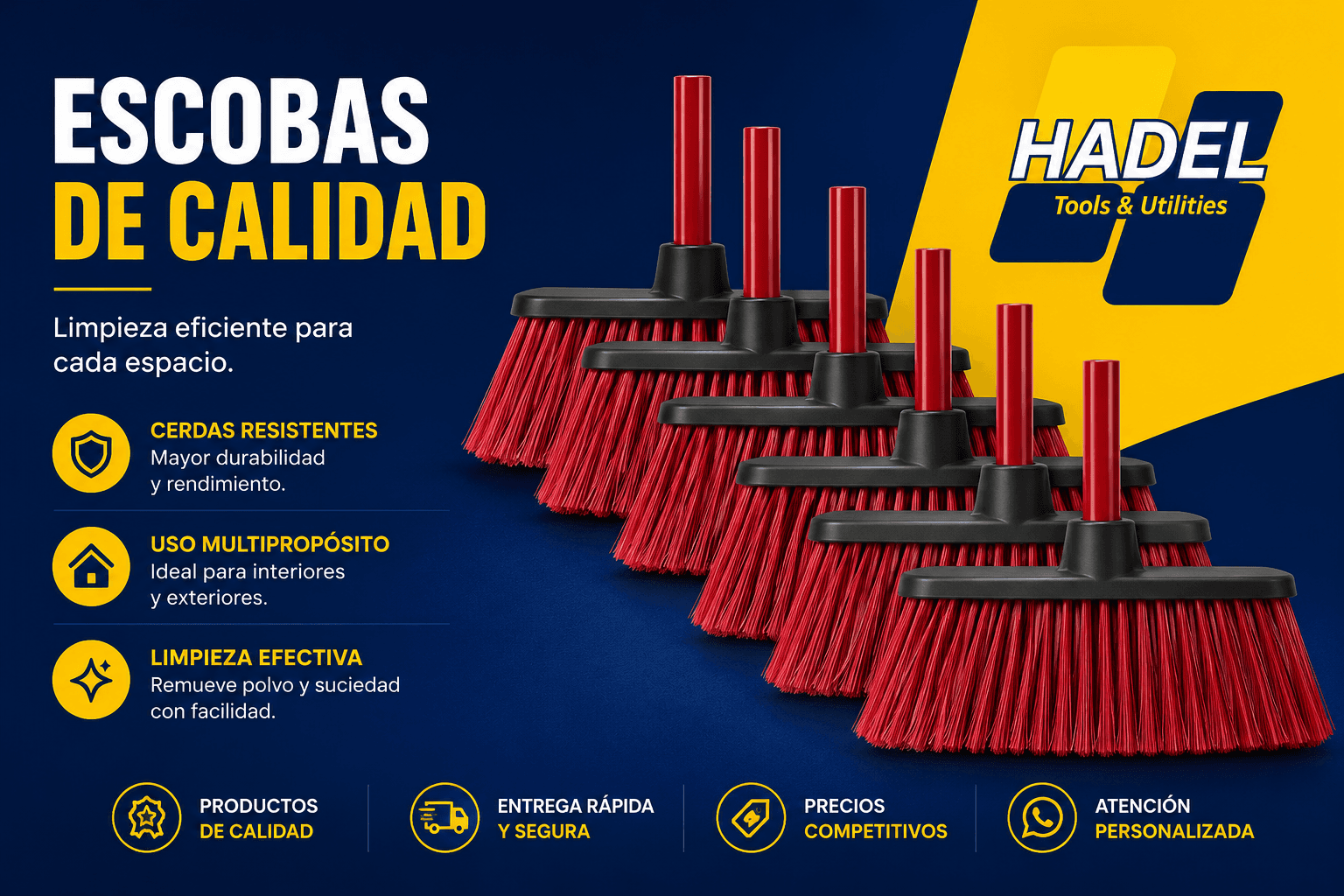 Escoba de plástico con palo de madera resistente, tamaño S