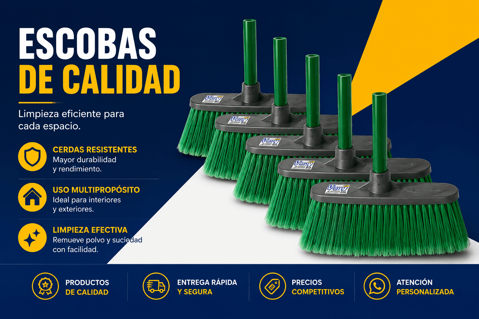 Escoba de plástico con palo de madera resistente, tamaño L