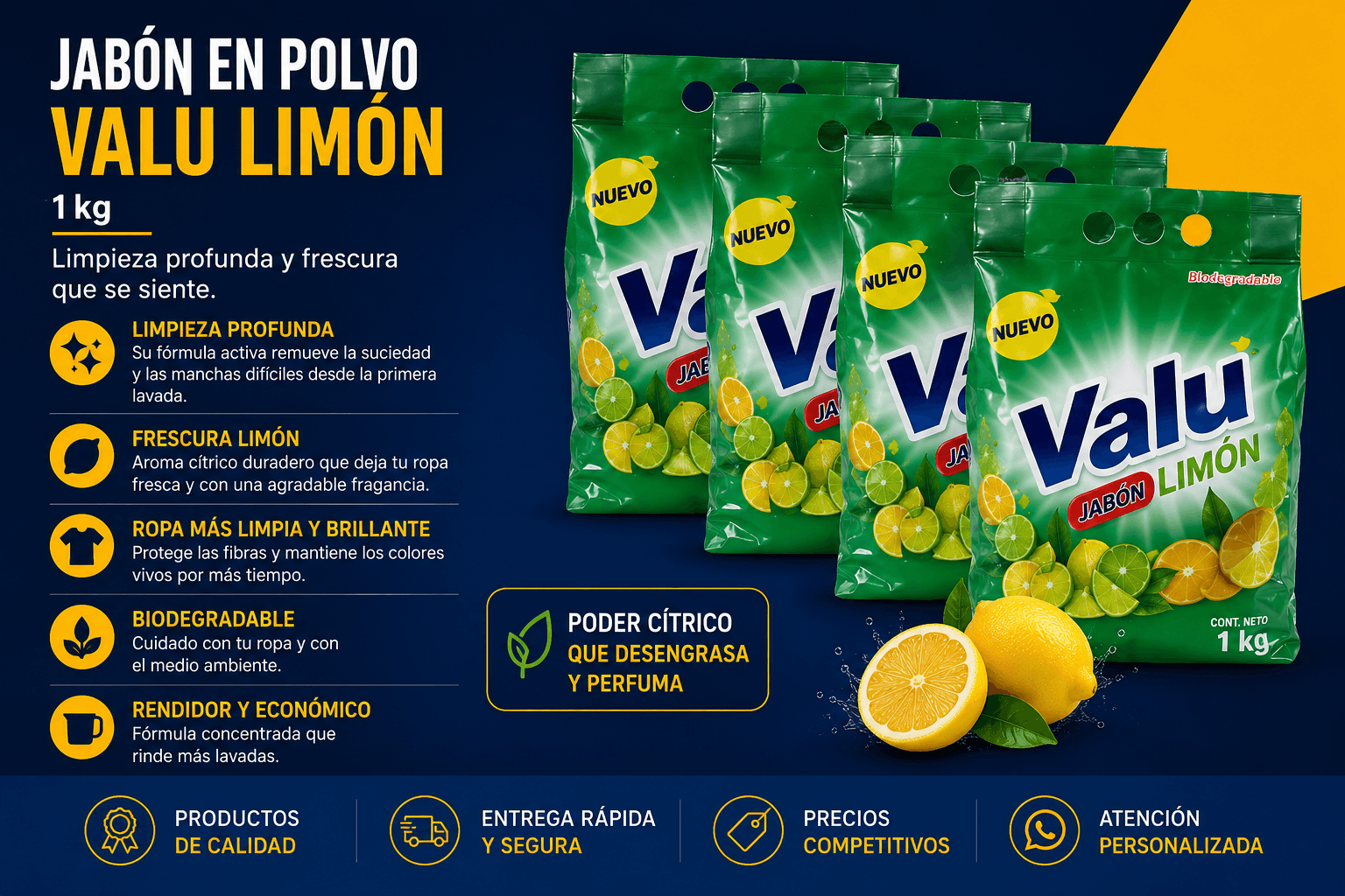 Jabón en polvo con fragancia a limón, presentación 1kg